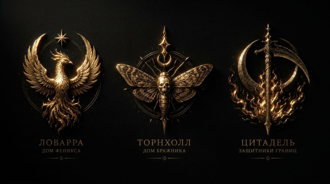 Гербы домов: Ловарра — Дом Феникса, Торнхолл — Дом Бражника, Цитадель — Защитники границ